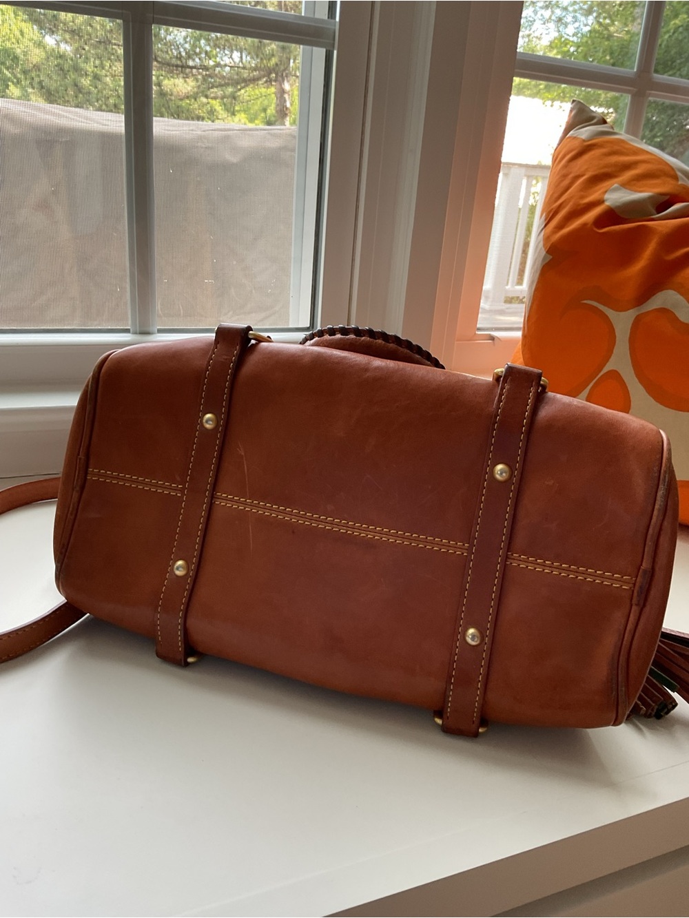 Dooney & Bourke Chestnut Brown Leather Satchel with Tassels - Picture 4 of 9
